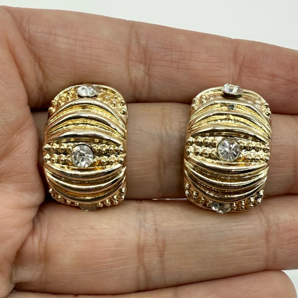 Vintage 80s Gold Dome Earrings | Ribbed Rhinestone Statement - Picture 2 of 14